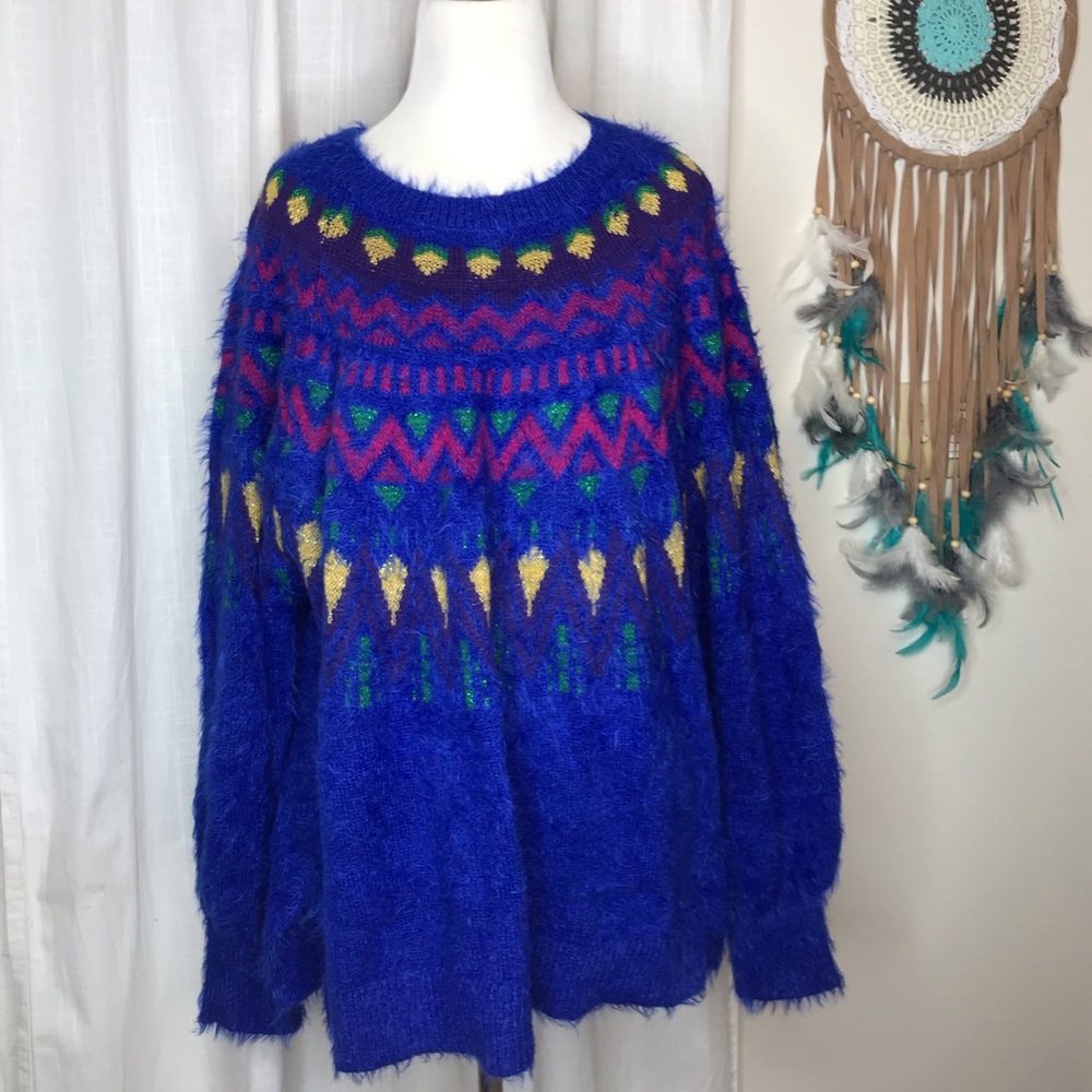 NWOT Royal Blue Sweater Southwestern Fuzzy Plus